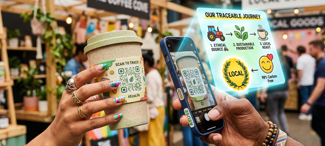 Physical product touchpoint connected to a digital traceability and transparency experience through QR verification